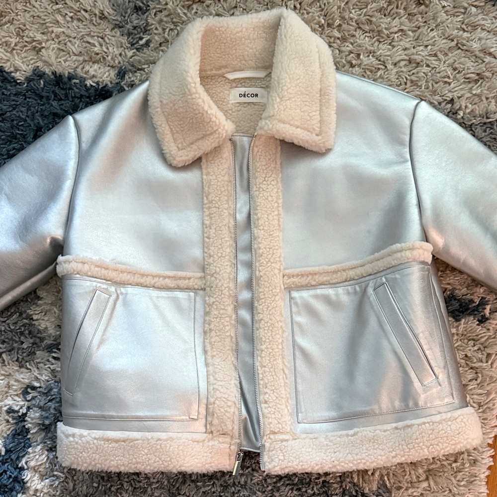 Silver and Cream puffer bomber shearling faux leather-New w/o tags